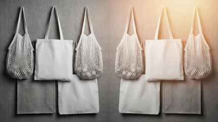 Six Reusable Shopping Bags Hanging on a Textured Wall