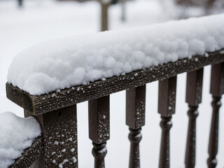 Snow-covered wooden railing in winter landscape  