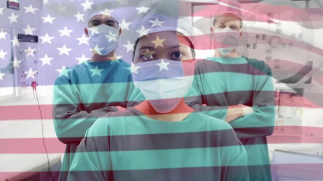 Camera pulling back revealing OR team with crossed arms overlaid with flag showing health unity