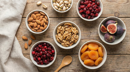 Assorted Nuts and Dried Fruits on Wooden Surface