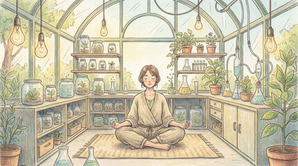 Woman meditating in a greenhouse filled with plants and scientific equipment