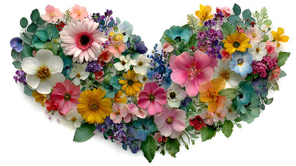 Floral heart arrangement with pink gerbera, yellow daisies, and wildflower blossoms.