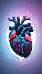 Stylized Human Heart Organ Isolated Inside a Futuristic Digital Grid Frame Background