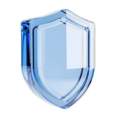3D Rendering of Blue Glass Shield, Security Icon, Cyber Protection Symbol, Transparent Safety Guard, Glossy Defense Element, Secure Badge Illustration