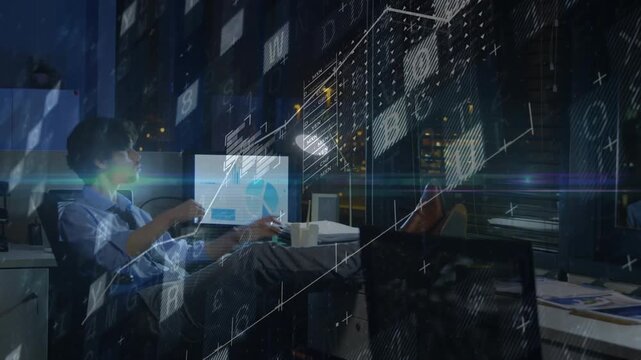 Man scanning financial charts grabbing java and sipping while data overlays animating desk thinking