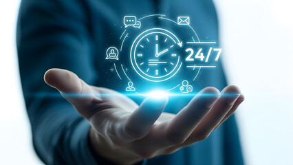 Man holding 24/7 customer support symbol