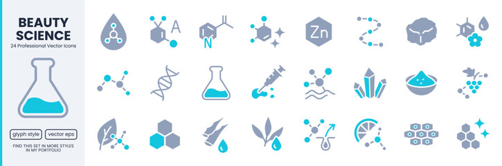 Skincare ingredient glyph icon set. Molecule, vitamin, serum, collagen, crystal minimal vector illustrations. Duotone flat pictogram for cosmetic and dermatology, scientific beauty laboratory