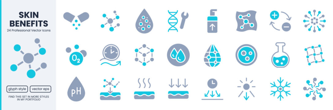 Skincare glyph icon set. DNA repair, liposome, peptide moisturizing cream bottle, cryo technology vector illustration. Duotone flat pictogram for cosmetic science, scientific beauty laboratory