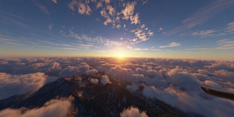 High-altitude view of sunrise over clouds and mountains