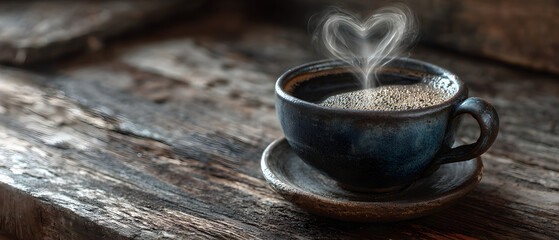 Hot cup of coffee with heart shaped steam on rustic wooden table