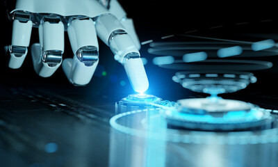 Robotic hand pressing a digital button activating holographic interface. Artificial Intelligence concept. 3D rendering