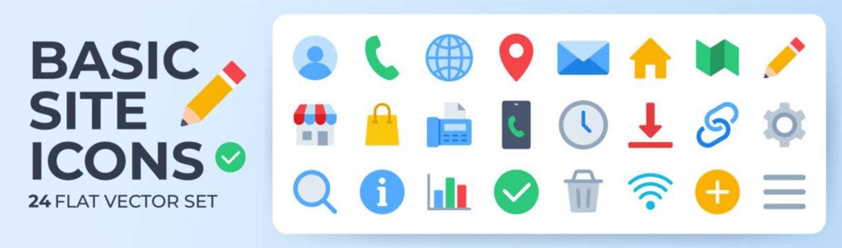 Web and communication flat icon set. User, phone, mail, location, home colorful vector illustrations. Vibrant solid shapes for contact us, basic ui, search, settings, app navigation and menu design