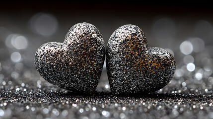 Two shimmering red glitter hearts on a sparkling bokeh background for Valentine's Day.