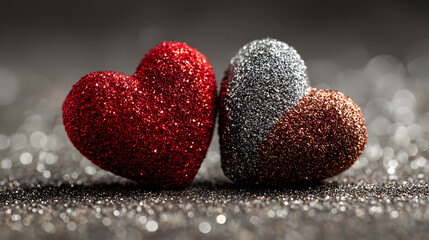 Pair of textured sparkling hearts on a dark silver glitter surface representing love and romance.