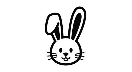 Obraz premium Simple and cute black and white illustration of a smiling rabbit face with long ears and whiskers on a white background.