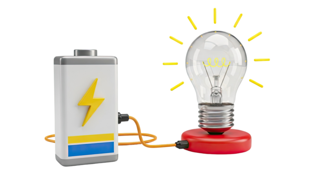 Battery powering a light bulb - Powered by Adobe