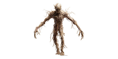 Terrifying humanoid creature made of twisted roots and branches, standing against a black background, concept of natures wrath or forest monster