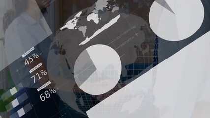 Animation of financial data and globe over caucasian businesswoman and businessman shaking hands - Powered by Adobe