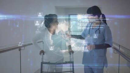 Animation of digital data interface over female doctor with patient - Powered by Adobe