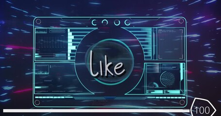 Like text and digital interface with data processing over light trails against blue background - Powered by Adobe