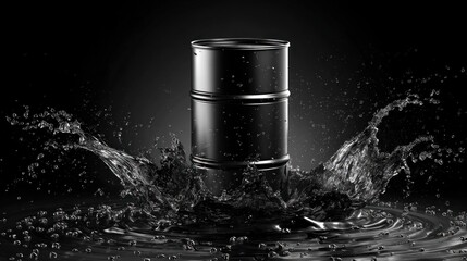 The scene shows a metal barrel surrounded by water splashes against a dark background. The design is suitable for various business themes and promotions
