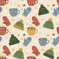 Gloves Fur Hat Cocoa Marshmallow Pattern Illustration장갑 털모자 코코아 마시멜로 패턴 일러스트