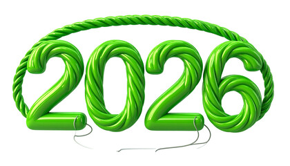 Glossy green "2026" sculpted from rope, isolated on a black background