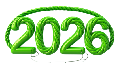 Glossy green "2026" sculpted from rope, isolated on a black background