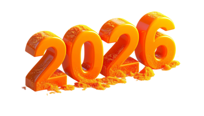 Bold orange 2026 digits melting into a textured, orangey base