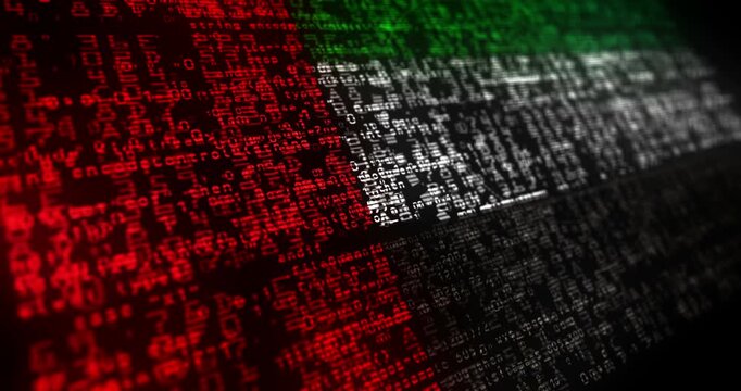 United Arab Emirates flag waving secure code. UAE blowing banner cyber security attack and hack concept animation.