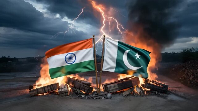 Dramatic flags of India and Pakistan amidst fiery destruction