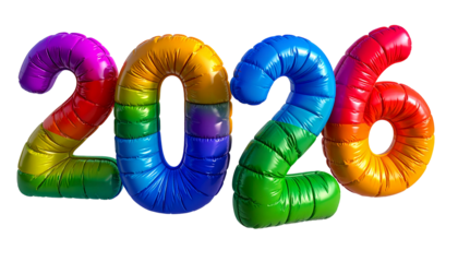 Rainbow-colored inflatable numerals form the year 2026, set against black
