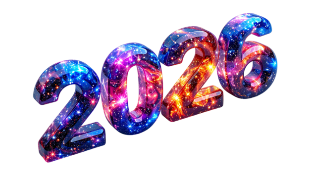 Bold 3D "2026" text glows with a vibrant nebula pattern against black - Powered by Adobe