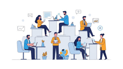 People working together on various tasks in a modern office environment from an aerial viewpoint