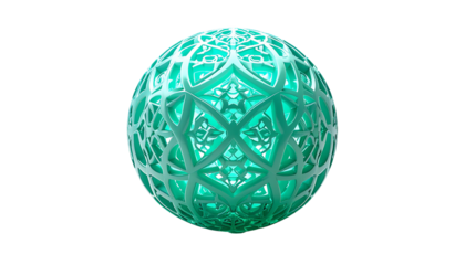 Geometric, teal sphere with intricate openwork design against black
