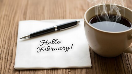 A steaming cup of coffee with a heart-shaped latte art sits on a wooden table next to a notepad that reads 'Hello February!' and a pen.