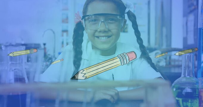 Animation of pencil icons over girl smiling in lab