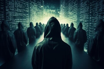 Hooded individuals are advancing along a path flanked by glowing digital binary code