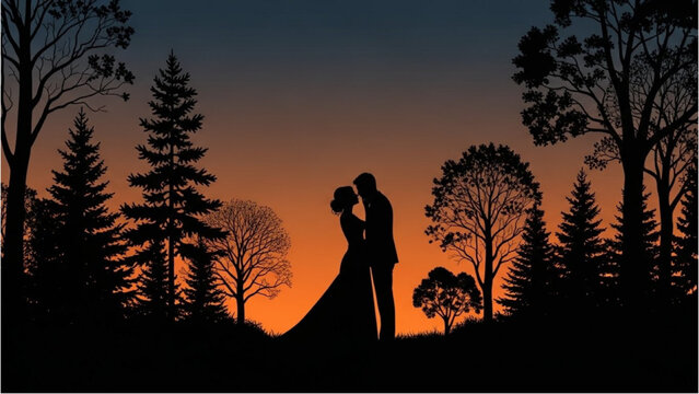 Couple embracing in a serene forest landscape at sunset