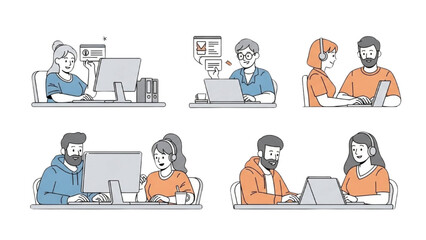 People working together on laptops in a modern office environment from a top-down viewpoint