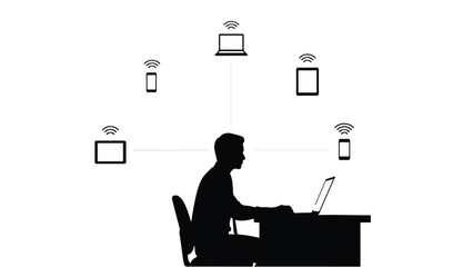 Businessman working on laptop computer with multiple devices connected in modern office setting with wireless network