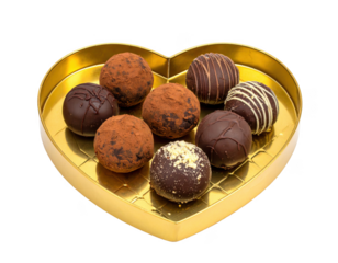 Chocolate truffles in a heart shape on a gold tray,white background