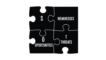 SWOT analysis puzzle pieces strategy business concept with strengths weaknesses opportunities threats on black background
