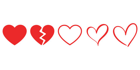 Red Heart Icons Set Including Broken and Outline Hearts &ndash; Love and Romance Symbols