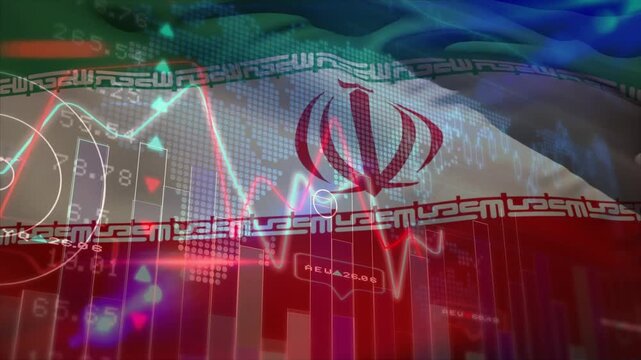 Animation of financial data processing over flag of iran