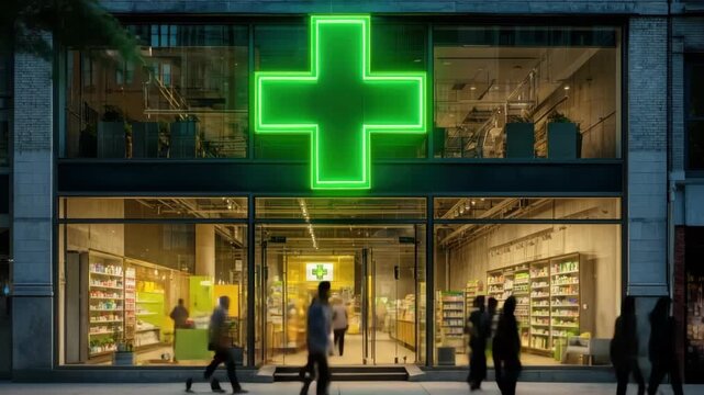 Brightly lit pharmacy attracts evening foot traffic in urban setting
