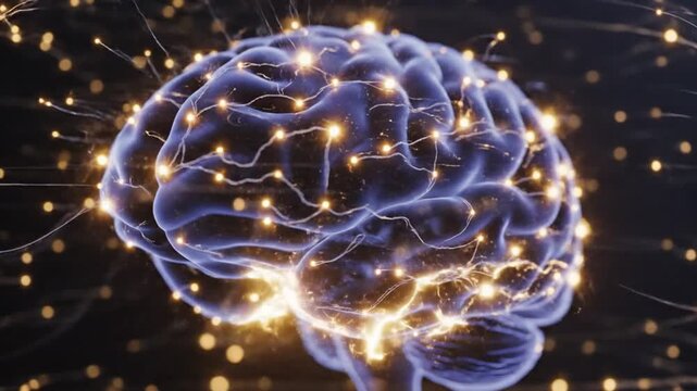 A luminous, ethereal rendering of a brain with glowing neural pathways, against a black backdrop