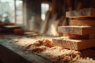 In a woodworking workshop, wooden planks are stacked while sawdust covers the table. The atmosphere shows a busy hour of crafting and building wooden items
