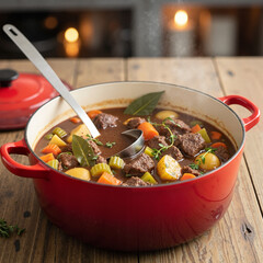 Hearty beef stew with vegetables in red pot on wooden table  