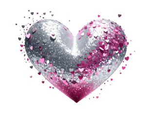 Falling silver and pink heart shaped glitter particles,white background